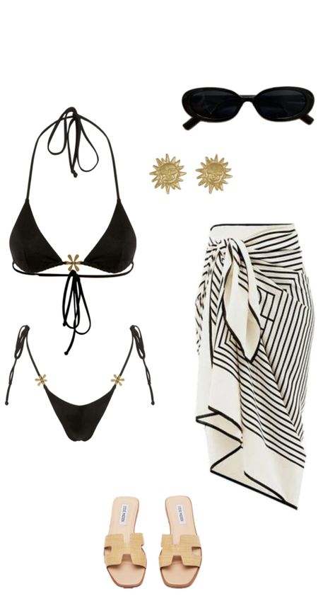 Beach outfit, black bikini set, european summer outfit idea Europe Aesthetic Bikinis, Holiday Outfits Summer Beach Bikinis, Vacation Polyvore Outfits, Summer Bikinis Europe, Dark Vacation Outfits, Island Beach Outfits, Island Wear Vacations Beach Outfits, Beach Black Outfit, Beach Outfit Inspo Summer Vacation