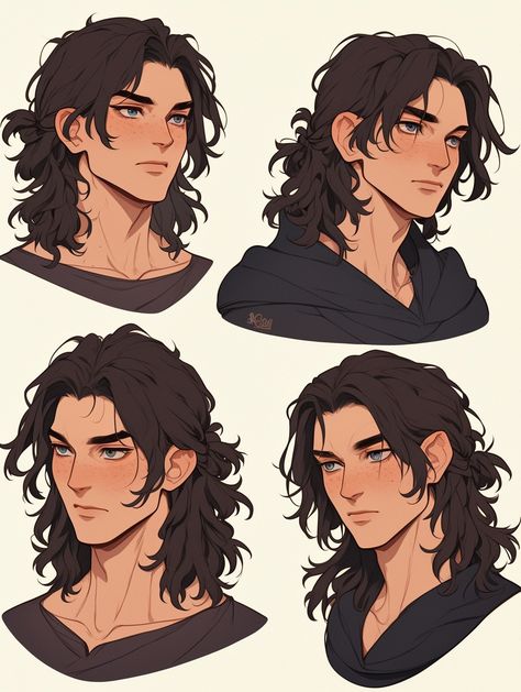 Male Hairstyles Curly Long, Shoulder Length Hair Reference, Dark Brown Hair Male Character Art, Guys With Long Hair Drawing Reference, Hairstyles For Long Hair Male, Guy Head Drawing Reference, Male Hair Reference Long, Long Haired Character Design Male, Men Long Hairstyles Drawing