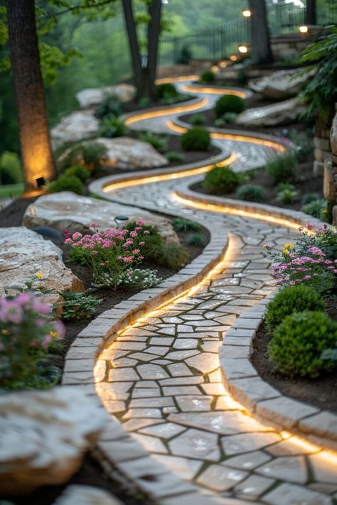 House Exterior Garden Design, Walking Paths Landscape, Garden Walkway Ideas, Pathway Design, Rustic Garden Design, Flower Knit, Beautiful Landscaping, Walkway Design, Garden Walkway