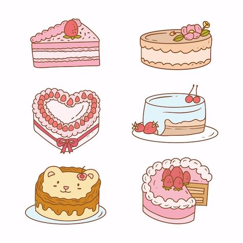 Drawing Of Strawberry, Heart Cake Designs, Drawing Cake, Vintage Cake Decorating, Cake Sketch, Vintage Heart Cake, Sticker Drawing, Cake Icon, Cake Drawing