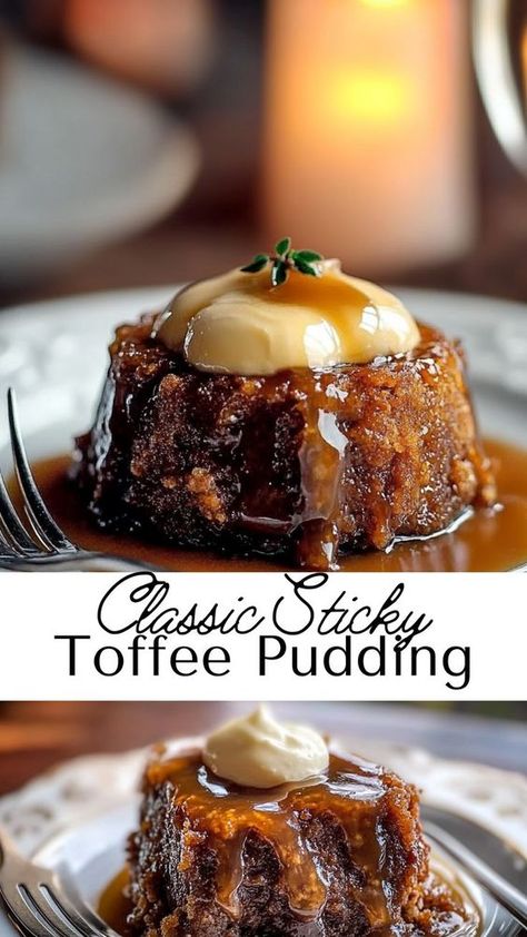 Enjoy Delicious Sticky Toffee Pudding, a dessert with a moist sponge cake drizzled in caramel toffee sauce. Ideal for fall dessert ideas or cozy winter nights, this recipe is a comforting classic that’s sweet, easy to make, and best served warm with a dollop of cream or ice cream. Caramel Sticky Toffee Pudding, Bread Pudding With Toffee Sauce, English Sticky Toffee Pudding Recipes, Christmas Poeding Ideas, Sticky Toffy Pudding, English Toffee Pudding, Desserts To Eat With Ice Cream, British Sticky Toffee Pudding, Christmas Sticky Toffee Pudding