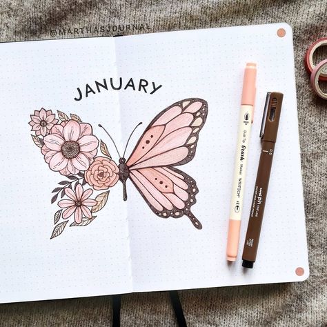 . ⊹ ｡*  ᴍᴀʀᴛʜᴀ ⊹ ｡･ . on Instagram: “• JANUARY • Continuing the butterfly theme from my yearly setup, but swapped the yellow for pink 💖 • • • 🏷 #bulletjournal #bujo…” Bullet Journal Theme Ideas, Journal Theme Ideas, Monthly Cover Page, Cover Page Ideas, January Bullet Journal, Bullet Journal Cover Page, Desain Buklet, Bullet Journal Cover Ideas, Bullet Journal Paper