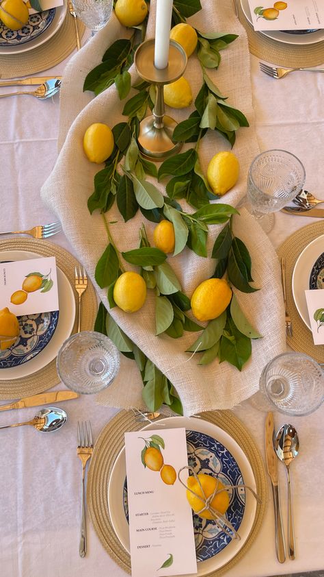 Positano Theme Table Setting, Italian Capri Style Party Ideas, Bridal Shower Positano Theme, Positano Bridal Shower Ideas, European Inspired Patio, Lemon Positano Theme, Positano Tablescape, Positano Italy Themed Party, Italian Brunch Aesthetic