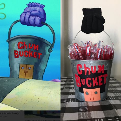 Chum bucket candy buffet Diy Chum Bucket Spongebob, Dollar Tree Spongebob Party, Spongebob Table Decorations Centerpieces, Chum Bucket Food, Spongebob Themed Wedding, Spongebob Trunk Or Treat Ideas For Cars, Trunk Or Treat Spongebob Theme, Spongebob Gifts Diy, Sponge Bob Gift Ideas