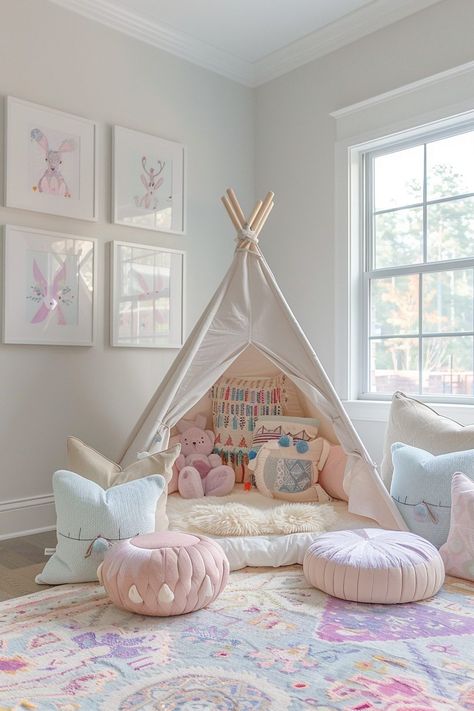 29 Boho Playroom Ideas 24 Playroom Neutral Colors, Girls Bedroom And Playroom Combo, Girls Playroom Decor, Toddler Room Color Palette, Girly Playroom Ideas, Twin Playroom, Parisian Playroom, Pastel Toddler Room, Girls Boho Bedroom Ideas