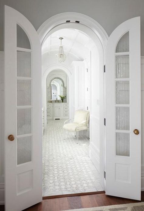 Master Bathroom with Arched Bi Fold Doors, Transitional, Bathroom. Perfect for the Master bedroom/ bath archway situation. Houses With White Siding, Bathroom Door Ideas, French Doors Living Room, Arched Interior Doors, Arched French Doors, Bedroom Addition, Arched Doors, Office Door, Open Door