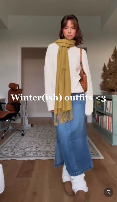 Chunky Sweater Long Skirt, Maxi Denim Skirt Winter Outfit, Denim Maxi Skirt Outfit Autumn, Cream Maxi Skirt Outfit Fall, Denim Maxi Skirt Autumn, Outfits With Denim Maxi Skirt, Fall Denim Maxi Skirt Outfits, Long Jean Skirt With Sweater, Styling Long Denim Skirt Winter