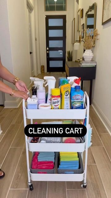 Ikea Utility Cart Hack, Organise Cleaning Products, Laundry Cart Organization, Cleaning Basket Ideas, Diy Cleaning Cart, Vanesa Amaro Cleaning Book, Cleaning Cart Organization, Cleaning Product Storage, Organizing Cleaning Supplies