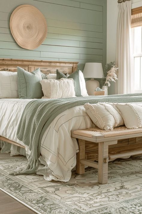 Sage Green Accents Bedrooms, Light Sage Green And White Bedroom, Sage Green And Blush Boho Bedroom, Minimalist Bedroom Sage Green, Green And Light Wood Bedroom, Sage Cottage Bedroom, Sage Apartment Aesthetic, White Bedding With Green Accents, Sage Green Boho Room