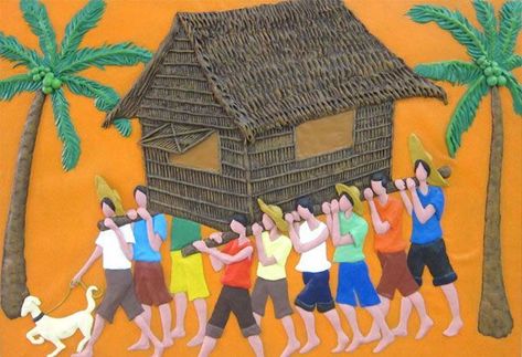 In the Philippines, the Bayanihan spirit is one of communal unity, helping others without expecting rewards, to achieve a certain goal. In earlier days, when houses were made of lighter materials such as coconut leaves, Bayanihan also meant helping one's neighbours move their house literally. Kalesa In The Philippines Drawing, Bayanihan Poster, Bayanihan Drawing, Philippine Culture Poster, Philippine Traditions, Philippine Star, History Infographic, Bahay Kubo, Filipino Art