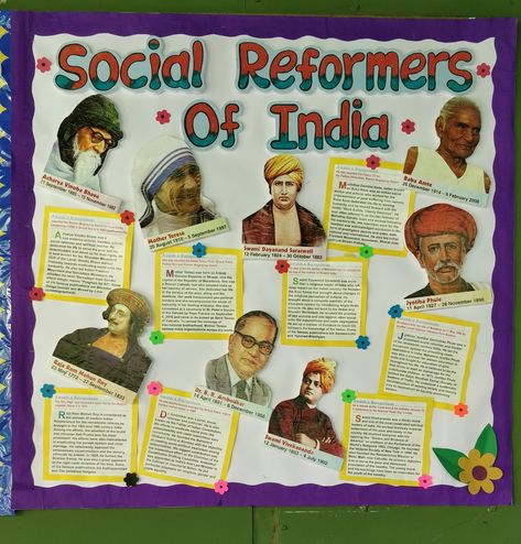 Social Reformers of India 🇮🇳 School bulletin board ideas Freedom Fighters Project Ideas, Social Bulletin Board Ideas, Charts For School Notice Board, School Notice Board Ideas Student, Social Reformers Of India Chart, India Bulletin Board Ideas, Indian History Project Ideas, Social Science Chart Ideas, Social Science Tlm Ideas