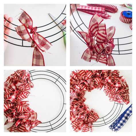 tie ribbon onto wreath form with double knot Making Ribbon Wreaths, Diy Christmas Ribbon Wreath, Easy Mesh Wreath, Wire Ribbon Wreath, Ribbon Wreath Tutorial, Ribbon Wreath Diy, Ribbon Wreath Christmas, Mesh Ribbon Wreaths, Wreath Ribbon