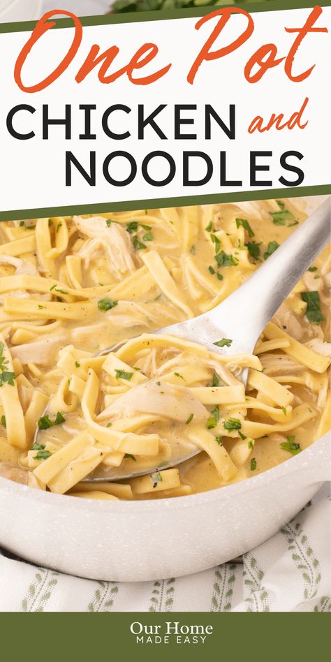 Looking for a quick and comfort food dinner idea? This easy chicken and noodles recipe is ready in 30 minutes! Made with rotisserie chicken and a creamy broth, it's the ultimate comfort food for busy weeknights. #ourhomemadeeasy #dinner #chicken #easydinner Quick Rotisserie Chicken Recipes, Quick And Easy Dinner Recipes Using Rotisserie Chicken, Reames Chicken And Noodles, Easy Chicken And Noodles Recipe, Easy Chicken And Noodles, Homemade Chicken And Noodles, Chicken And Noodles Recipe, Creamy Chicken And Noodles, Rotisserie Chicken Soup