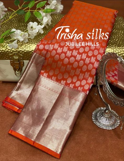 This Rust Orange Kanchipuram silk saree in silver zari weave intricate with Rudraksha and Mayrui motifs all over the body an self border. Store Address : 36 Jubilee Hills, Beside KIA Motors, Hyderabad - 500033. #weddingsaree #silksaree #traditional #indianwear #handloomsaree #kancheepuram Rust Orange Silk Saree, Orange Silk Saree, Kanjeevaram Sarees, Orange Saree, Concrete Stairs, Chanderi Silk Saree, Kia Motors, Kanchipuram Silk Saree, Rust Orange