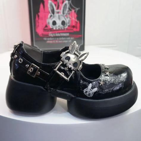 Studs Crack Black Platform Mary Janes with Skeleton Rabbit Buckles Gothic Mary Janes, Mary Jane Shoe, Goth Shoes, Punk Shoes, Dr Shoes, Funky Shoes, Fashion Articles, Platform Mary Janes, Swag Shoes