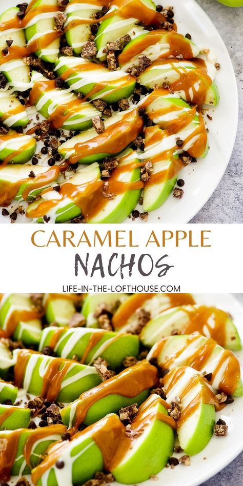 Green Apples Dessert, Green Food Party, Green Apple Recipes, Caramel Apple Nachos, Apple Nachos Recipe, Caramel Apple Slices, Apple Nachos, Melted White Chocolate, Nachos Recipe Easy