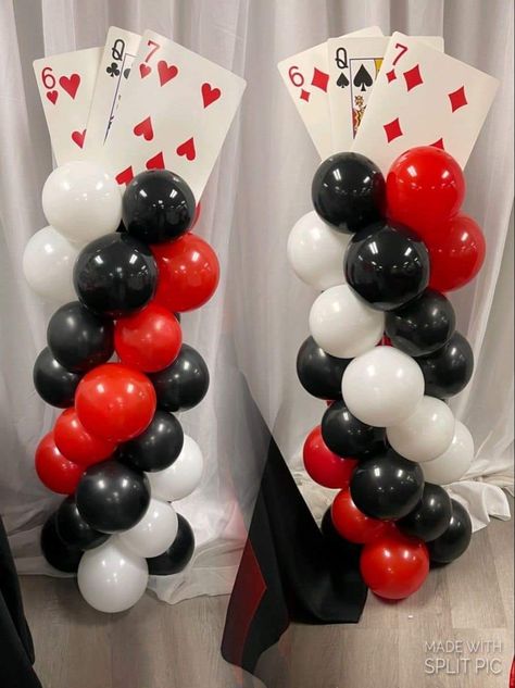 Spades Theme Party, Casino Hoco Theme, Vegas Party Centerpieces, Casino Night Party Decorations Monte Carlo, Great Gatsby Casino Themed Party, Casino Balloon Columns, Casino Theme Party Balloons, Casino Royale Decorations, Monte Carlo Prom Theme