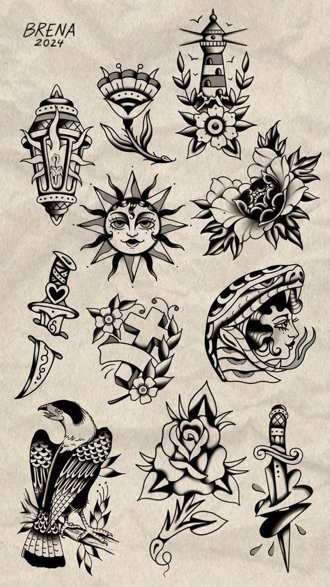 Traditional Tattoo Designs Black, Classic Flash Sheet, Traditional Tattoos Black Flash, Black Traditional Tattoo Ideas, Old Flash Tattoo, New School Black Tattoo, Simple Life Tattoo, Tradition Tattoo Flash, Old School Tattoo Flash Sheet