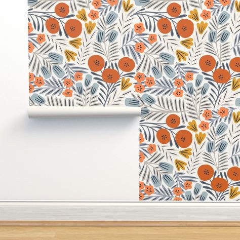 Shirley (light orange and blue) Wallpaper | Spoonflower Navy And Orange Kitchen, Navy Peel And Stick Wallpaper, Orange And Blue Wallpaper, Blue And Orange Wallpaper, Kitchen Mural, Rv Organization, Navy And Orange, Orange Kitchen, Orange Decor