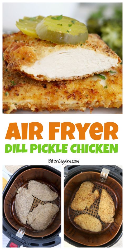 Air Fryer Dill Pickle Chicken – Tender and juicy chicken breasts marinated in a dill pickle brine, dredged in crispy breadcrumbs and air fried to perfection. Dill Pickle Brine Recipe, Dill Pickle Brine, Pickle Juice Recipe, Dill Pickle Chicken, Bbq Grilled Chicken Recipes, Pickle Chicken, Brine Chicken Breast, Fried Dill Pickles, Pickle Brine