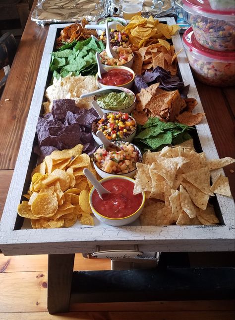 Bar Food Party Ideas, Chips And Dip Grazing Table, Chips Salsa Charcuterie Board, Chip And Salsa Charcuterie Board, Chip And Dip Charcuterie Boards, Mexican Theme Food Table, Chips And Salsa Charcuterie Board Ideas, Charcuterie Chips And Dip, Chips Set Up For Party