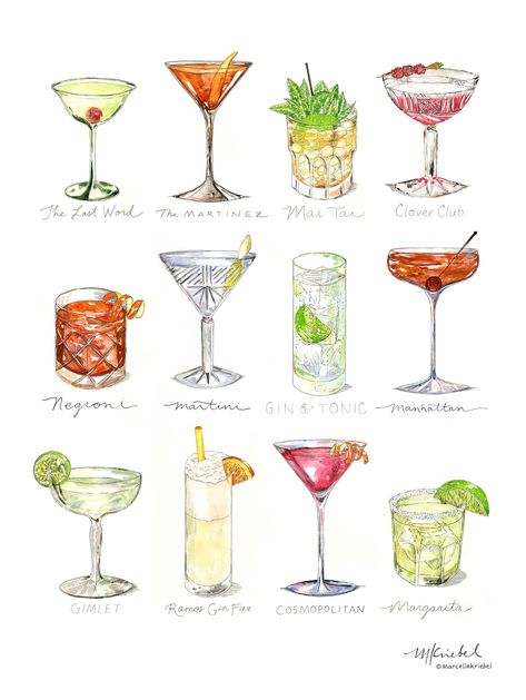 This cocktail art print features select illustrations from The Book of Cocktail Ratios, written by Michael Ruhlman. The diverse array of drinks labeled in unique hand lettering includes popular cocktails like the Manhattan and the Negroni as well as lesser-known classics such as the Martinez and the Ramos Gin Fizz. The vibrant colors and intricate details of these watercolor paintings adds a touch of elegance and fun to any space. Want to see the latest art projects and a sneak peek of what's in Drawings Of Cocktails, Cocktail Art Painting, Negroni Cocktail Illustration, Watercolor Wedding Decor, Manhattan Cocktail Illustration, Watercolor Drinks Cocktails, Watercolor Cocktail Art, Drink Art Drawing, Painted Cocktails