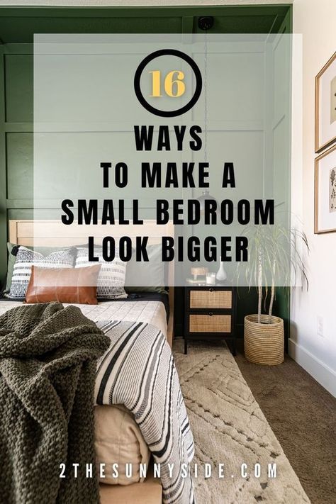 Transform your small bedroom layout with 16 brilliant ideas to create more space! Learn about furniture scale, the best paint color, accent walls, window treatments, wall colors, rugs, using natural light and the magic of mirrors. Discover how to make your room look bigger effortlessly! Bedroom Lighting Small Room, Bedroom With Painted Accent Wall, High Rectangle Windows Bedroom, Side Accent Wall Bedroom, Bedroom Accent Wall Small Room, Small House Accent Wall, Wall Color Small Bedroom, Small Room With Accent Wall, Small Master Bedrooms With Accent Wall