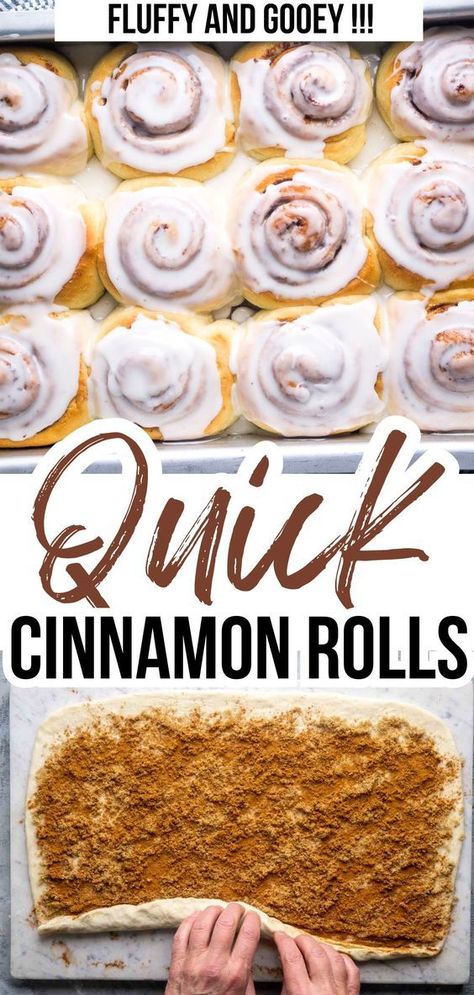 Make easy cinnamon rolls from scratch in under 90 minutes with this quick-rise dough baked to fluffy gooey perfection and drizzled with delicious glaze! How Made Cinnamon Rolls, Quick Baked Treats, One Rise Cinnamon Rolls, Best Cinnamon Roll Dough Recipe, Best Easy Cinnamon Rolls Ever, Homemade Cinnamon Rolls No Cream Cheese, Homemade Breakfast Cinnamon Rolls, Fast Homemade Cinnamon Rolls, How To Make Homemade Cinnamon Rolls Easy