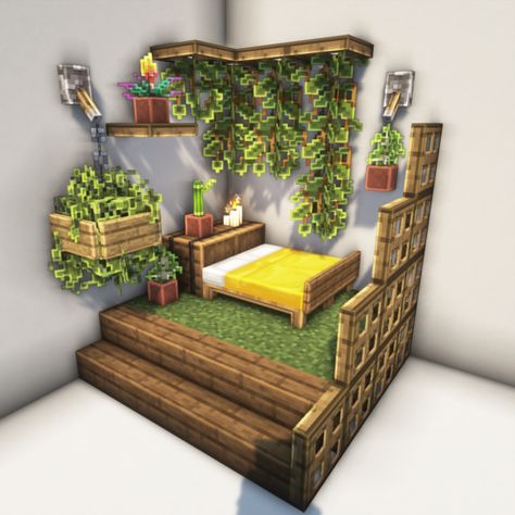 Bedroom Build Minecraft, Minecraft Bedrooms In Game, Minecraft Small Living Room Ideas, Nature Bedroom Minecraft, Small Bed Minecraft, Minecraft Nature Bedroom Ideas, 3 Bedroom Minecraft House, Minecraft Bunk Bed Designs, Cute Room Minecraft