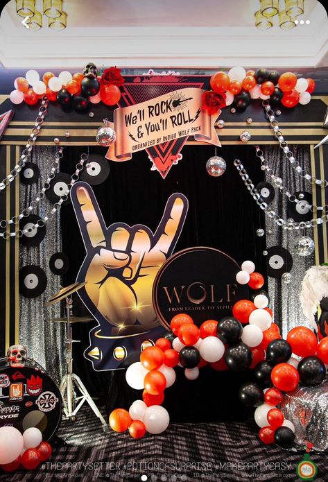 Acdc Theme Party, Rock And Roll Cheer Theme, Rock Band Party Decorations, Rock Music Theme Party, Musician Party Theme, Rock Roll Decor Party, Rock Roll Theme Party, Rock N Roll Theme Birthday Party, Rock N Roll Gala