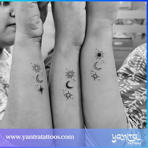 One is the sun☀️, the other is the moon🌙 and then the star.🌟 They all shine together on the skies of friendship. Amazing tattoos when three close friends inked together their bond on their forearms from Yantra studio.   #yantratattoos #friendshiptattoos #tattoodesigns #chennaitattoos Tattoo Ideas Three Sisters, Sun Moon Star Sibling Tattoo, 3 Friend Tattoo Ideas, Matching Star Tattoos Best Friends, 3 Best Friend Tattoos Sun Moon Star, Moon Sun And Stars Tattoo Matching, Three Friendship Tattoos, Star Moon Sun Tattoo Friends, Best Friend Tattoos For 4 Friends