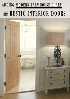 This is a story about our DIY whole house reno adventure and adding rustic knotty alder doors to our Chicagoland fixer upper. We wanted a modern farmhouse feel with vintage style wood doors surrounded by white trim and walls. These two-panel alder doors with v-grooves (and oil rubbed bronze egg door hardware) from Pacific Entries have so much character and are the perfect addition, adding warmth and suggesting age. Modern Farmhouse Interior Doors, Farmhouse Interior Doors, Modern Farmhouse Interior, Alder Doors, Knotty Alder Doors, Rustic Doors Interior, Custom Wood Doors, Rustic Door, Decor Market