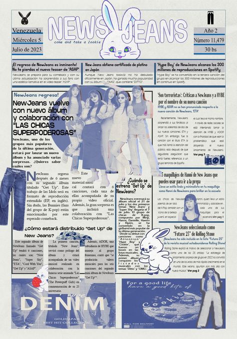 new jeans newspaper Cute Newspaper Design, Fun Newspaper Design, Newspaper Modern Design, News Paper Poster Design, Newspaper Article Aesthetic, Newspaper Design Poster, Newspaper Graphic Design Layout, Newspaper Layout Aesthetic, Newspaper Title Design