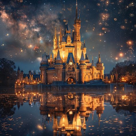 Enchanted Evening Castle: A magical castle illuminated at night under a starry sky, reflected perfectly in the tranquil water. #castle #night #reflection #stars #illuminated #aiart #aiphoto #stockcake ⬇️ Download and 📝 Prompt 👉 https://ayr.app/l/1LAa Castle Night, Water Castle, Castle At Night, Night Reflection, Magical Castle, Enchanted Evening, Night Landscape, Image Downloads, Starry Sky