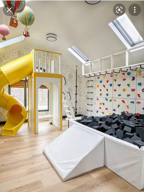 Cool Playroom Ideas Luxe, In Home Playground, Indoor Active Playroom, Rock Climbing Playroom, At Home Indoor Playground, Basement Activity Room, Basement Foam Pit, Indoor Playground Design Playrooms, Foam Pit In House