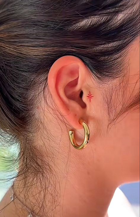 Tragus Ear Tattoo Ideas, Tattoos On The Ear, Star On Ear Tattoo, Ear Tragus Tattoo, Ear Piercing And Tattoo, Small Tragus Tattoo, Tragus Tattoo Ideas, Sparkle Ear Tattoo, Ear Tattoo Tragus