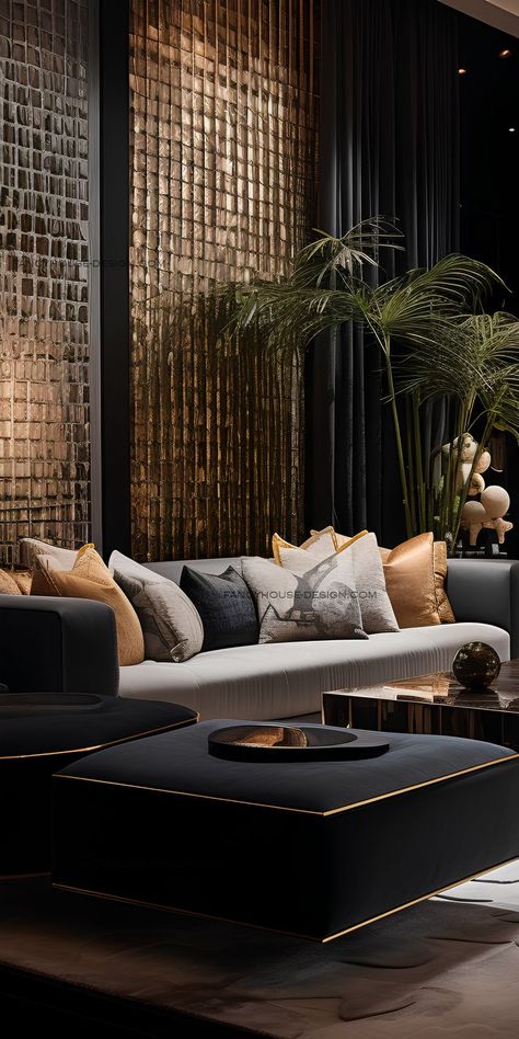 In this interior, cohesive design and chic interiors come together to create an aesthetically appealing and visually impactful space. Winery Interior, Dark Lounge, Black And Gold Living Room, Dark Deco, Living Room Decor Lights, Wall Art Decor Bedroom, Black Mood, Luxe Living Room, Farmhouse Pantry