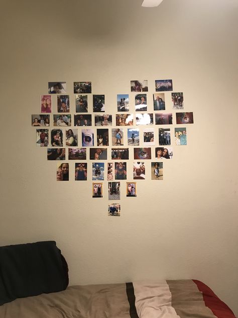 Picture Collage Wall Heart, Hart Photo Wall, Pic Heart Collage, Ways To Put Photos On Wall, Cute Way To Put Pictures On Wall, Heart Wall Decor With Pictures, Heart Pic Collage On Wall, Picture Wall Ideas Boyfriend, Pictures In A Heart Shape