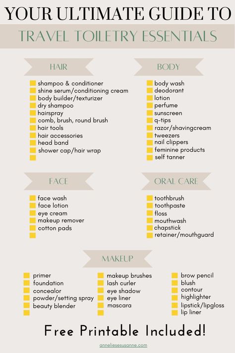 Your Ultimate Guide to Travel Toiletry Essentials Printable Toiletry Travel List, Traveling Toiletries List, Travel Nessecities Lists, Toiletry Packing List Women, List Of Toiletries For Women, Travel Essentials Toiletries, Holiday Toiletries List, Travel Toiletry Bag List, Travelling Essentials For Women