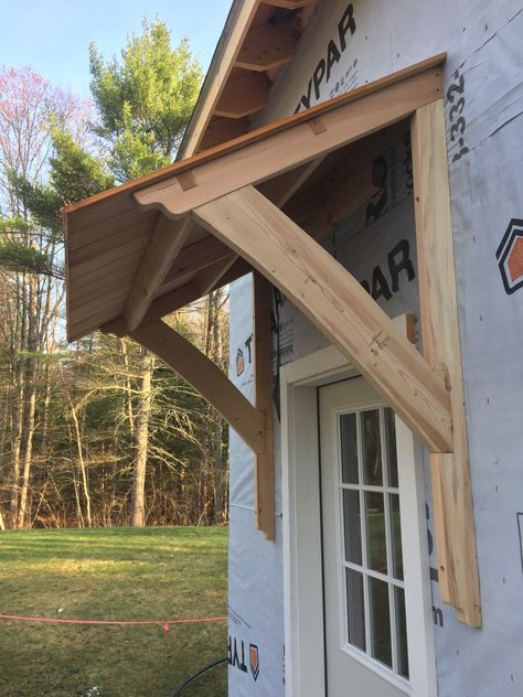 #Awning #Barn #MortiseandTenon #Cedar Awning Over Door, Pergola Modern, Front Door Awning, Door Overhang, Diy Awning, House Awnings, Door Awning, Porch Awning, Porch Roof