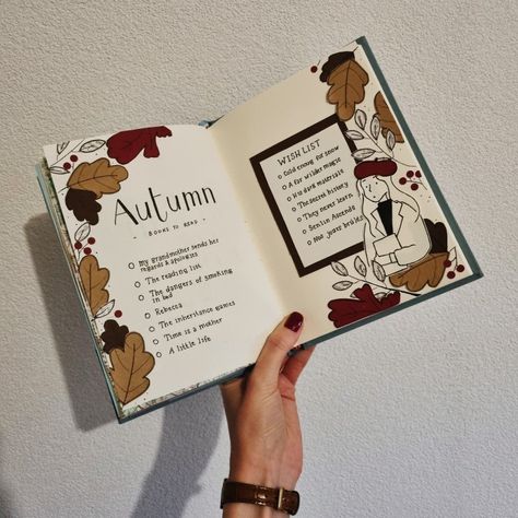 Fall Book Journal, Fall Tbr Bullet Journal, Reading Journal Spreads Tbr, Autumn Journal Aesthetic, Autumn Scrapbook Ideas, Reading Journal Tbr Spread, Autumn Bullet Journal Ideas, Autumn Journal Page, Tbr Bullet Journal