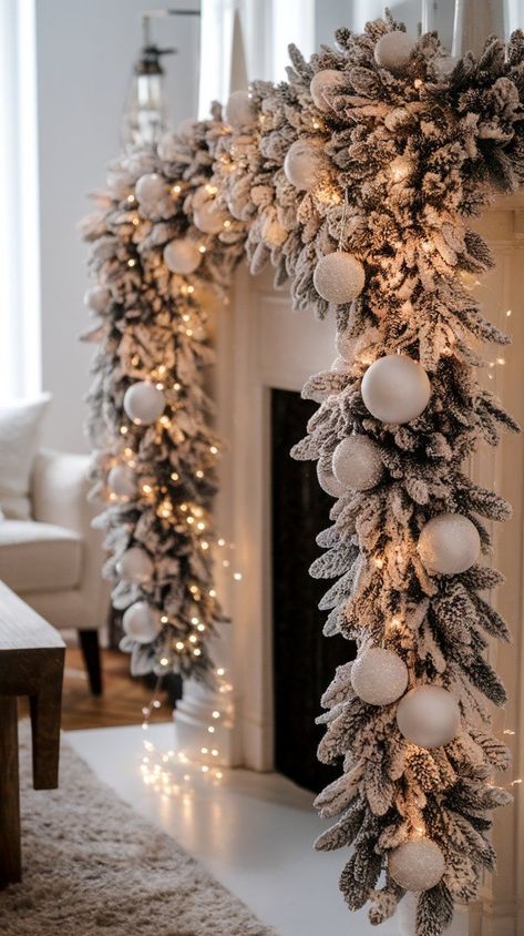 Want a stylish holiday home? Learn how to incorporate black and white Christmas decor ideas to create a beautiful, festive, and modern space. Christmas Tree With All White Decorations, Christmas Decor Snow, White Christmas Home Decor Ideas, All White Christmas Decorations, Christmas Decor Ideas White Tree, Fireplaces Decorated For Christmas, White Christmas House Decor, Magical Christmas Tree, Modern Luxury Christmas Decor