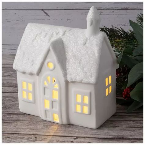 White Light Up House | Hobby Lobby | 5334313 Christmas Village Pieces, Ceramic Houses Christmas, White Christmas Village, Angled Roof, Glitter House, House Lights, Beautiful Birdhouses, Christmas Cutouts, Christmas Houses