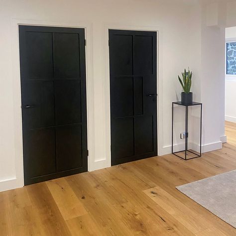 Contemporary industrial style black interior doors Black Doors And Architraves, Internal Black Framed Doors, Black Intrrior Doors, Black Metal Internal Doors, Black Framed Glass Internal Doors, Internal Doors Modern, Contemporary Interior Doors, Panel Interior Doors, Industrial Style Interior