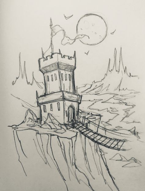 Drawing Fantasy Landscape, Sketch Drawing Landscape, Doodle Landscape Drawings, Cartoon Landscape Drawing, Drawing Environment Sketch, Fantasy Pencil Sketch, Tower Drawing, Fantasy Landscape Drawing, Sketches Landscape