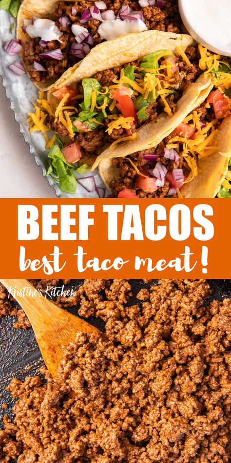 This easy taco recipe is made with perfectly seasoned ground beef and your favorite taco toppings. The whole family will love it when these tacos are on the menu! Seasoned Taco Meat Ground Beef, Taco Beef Seasoning, Instant Pot Taco Meat Ground Beef, Ground Beef Taco Seasoning Recipes, Taco Meat Recipes Beef, Ground Taco Meat Recipes, Ground Beef Tacos Mexican, Authentic Tacos Ground Beef, Ground Beef Tacos Recipes