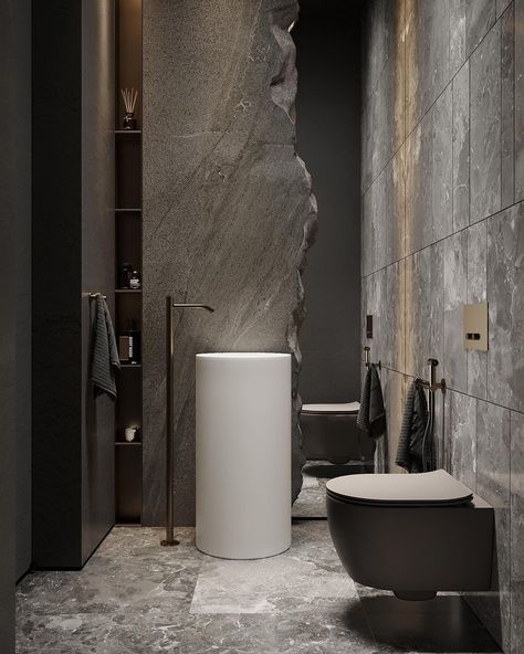 Drooling over this powder as I’m gathering inspo for my guest bathroom (updates coming soon 🙃) - Design by @cartelledesign Bali Bathroom, Modern Powder Room Design, Modern Powder Rooms, Bathroom Design Styles, Wc Design, Neoclassical Interior, Best Bathroom Designs, Powder Room Design, Hotel Boutique