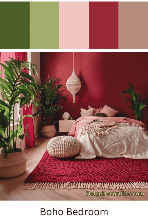 Boho Red and Pink Bedroom: Deep Red Walls and Lush Plants Red Pink Living Room, Boho Red Bedroom, Small Bohemian Bedroom Ideas, Pink Boho Room Ideas, Deep Pink Bedroom, Light Red Bedroom, Pink And Red Bedroom Ideas, Pink And Red Bedroom Aesthetic, Red Wall Living Room