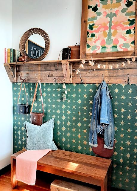 Eclectic Entryway, Mid Century Wallpaper, Star Stencil, Refinishing Floors, Stencils Wall, House Inspo, Wood Shelves, House Inspiration, My Dream Home