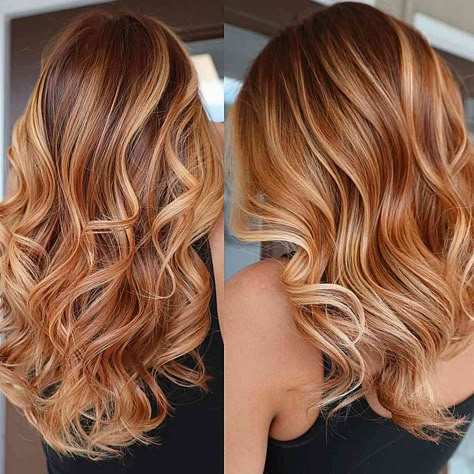 Dark Roots With Strawberry Blonde Hair, Red Brown And Blonde Hair Color, Copper And Blonde Hair Highlights, Balayage Hair Red And Blonde, Ombre Hair Strawberry Blonde, Strawberry Blonde With Balayage, Strawberry Red Blonde Hair, Strawberry Blond Highlight, Ginger And Blonde Balayage